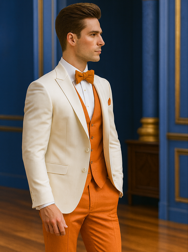 White and Orange Tuxedo Wedding Suit - White Dinner Jacket + Vest + Pants + Bow-tie
