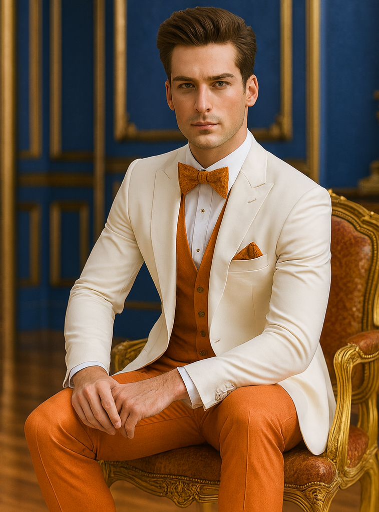White and Orange Tuxedo Wedding Suit - White Dinner Jacket + Vest + Pants + Bow-tie