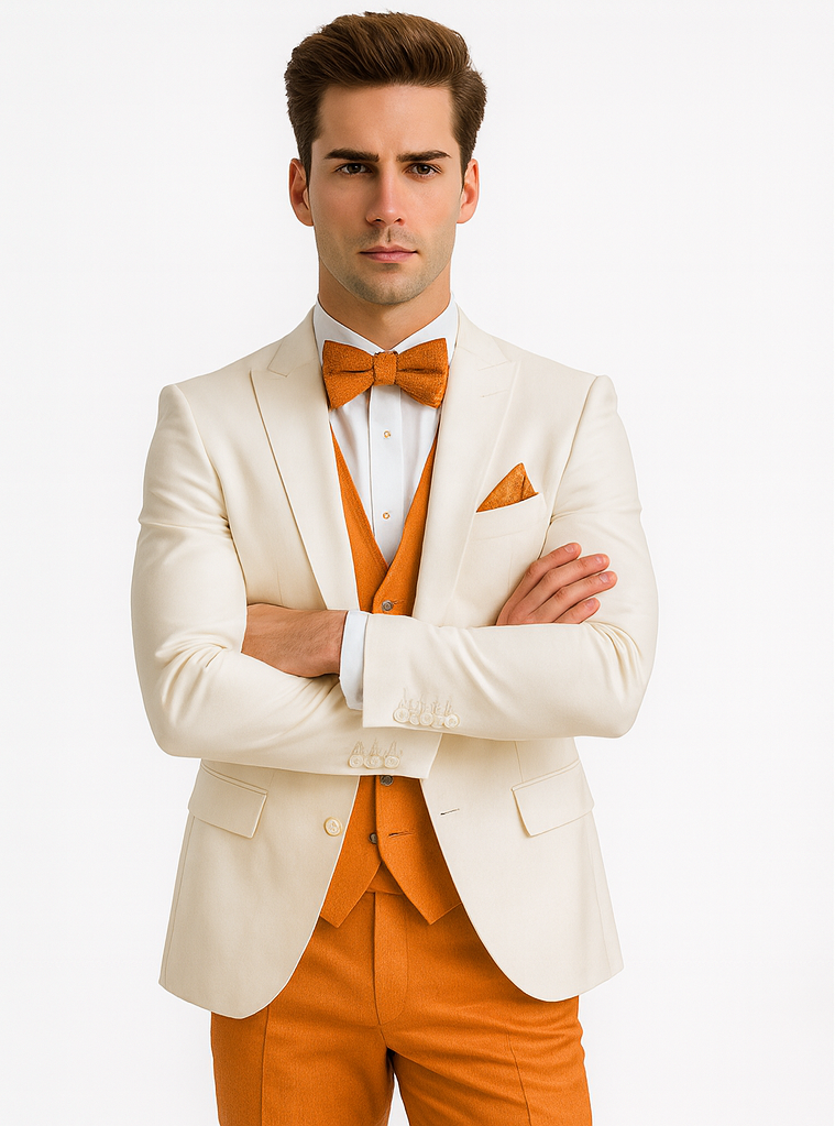 White and Orange Tuxedo Wedding Suit - White Dinner Jacket + Vest + Pants + Bow-tie