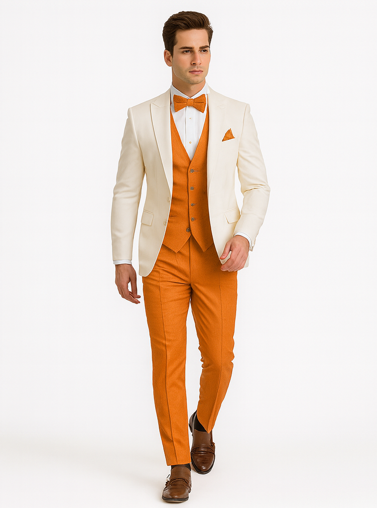 White and Orange Tuxedo Wedding Suit - White Dinner Jacket + Vest + Pants + Bow-tie
