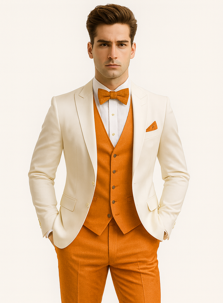 White and Orange Tuxedo Wedding Suit - White Dinner Jacket + Vest + Pants + Bow-tie