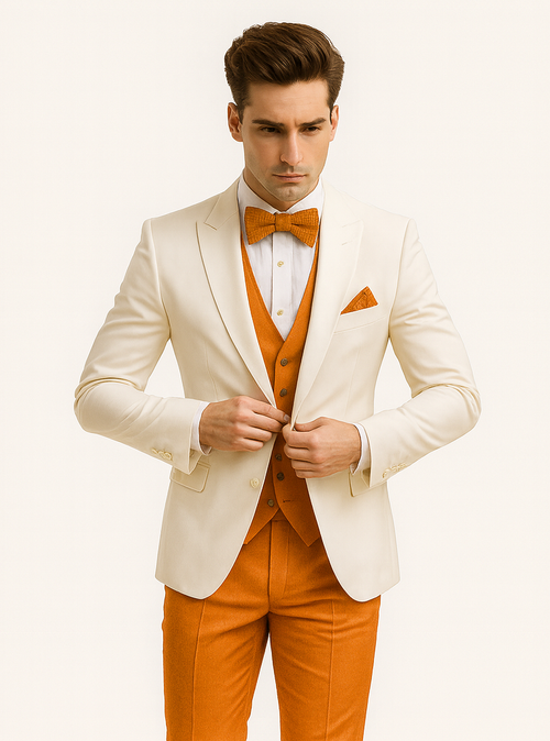 White and Orange Tuxedo Wedding Suit - White Dinner Jacket + Vest + Pants + Bow-tie