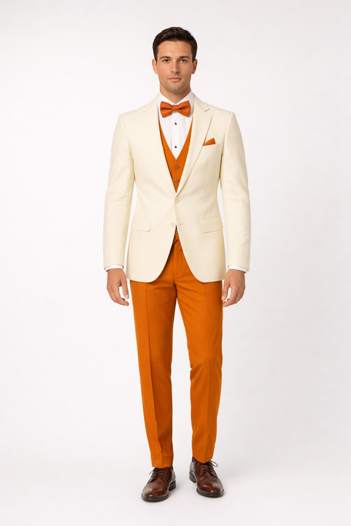 White and Orange Tuxedo Wedding Suit - White Dinner Jacket + Vest + Pants + Bow-tie