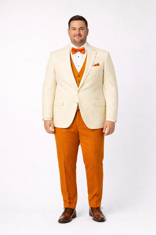 White and Orange Tuxedo Wedding Suit - White Dinner Jacket + Vest + Pants + Bow-tie