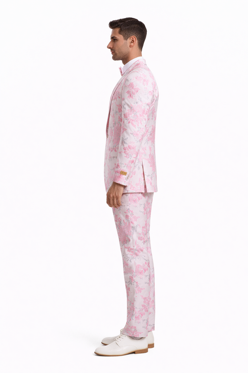 White and Pink Tuxedo - Paisley Wedding Suit - White Pink Prom Suit
