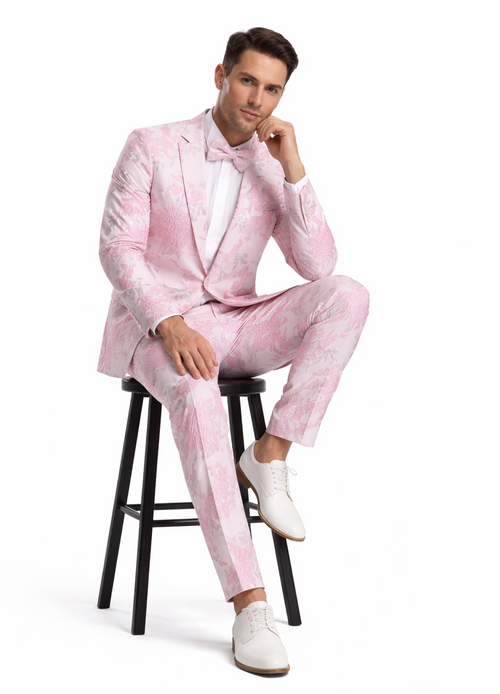 White and Pink Tuxedo - Paisley Wedding Suit - White Pink Prom Suit