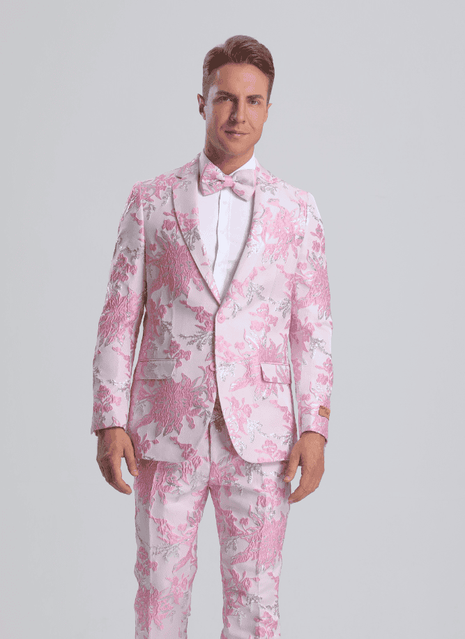 White and Pink Tuxedo Paisley Wedding Suit White Pink Prom