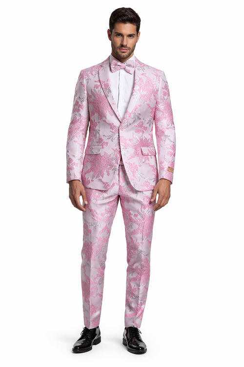 White and Pink Tuxedo - Paisley Wedding Suit - White Pink Prom Suit