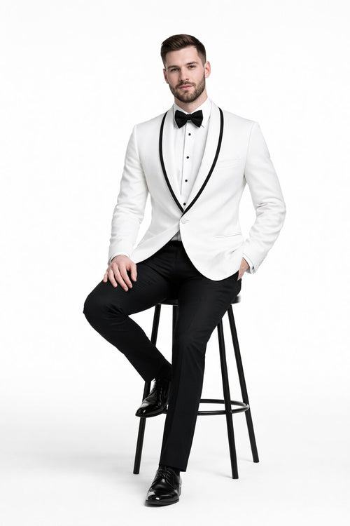 Mens Designer White and Black Trimmed Traditional Dinner Jacket Tuxedo