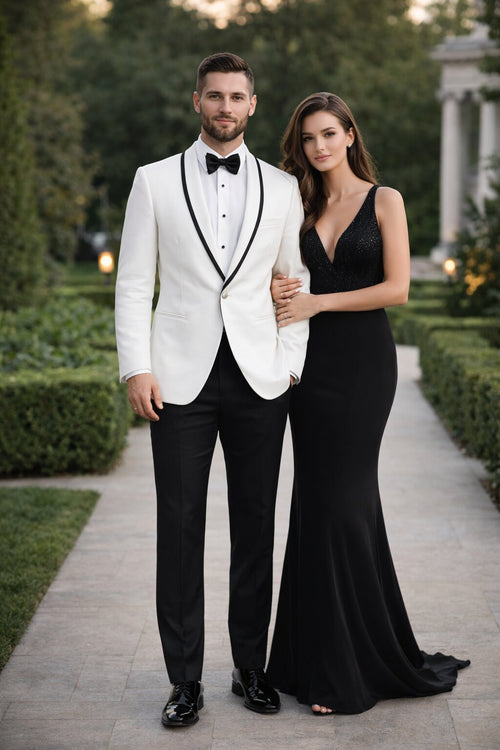 Mens Designer White and Black Trimmed Traditional Dinner Jacket Tuxedo