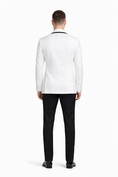 Mens Designer White and Black Trimmed Traditional Dinner Jacket Tuxedo
