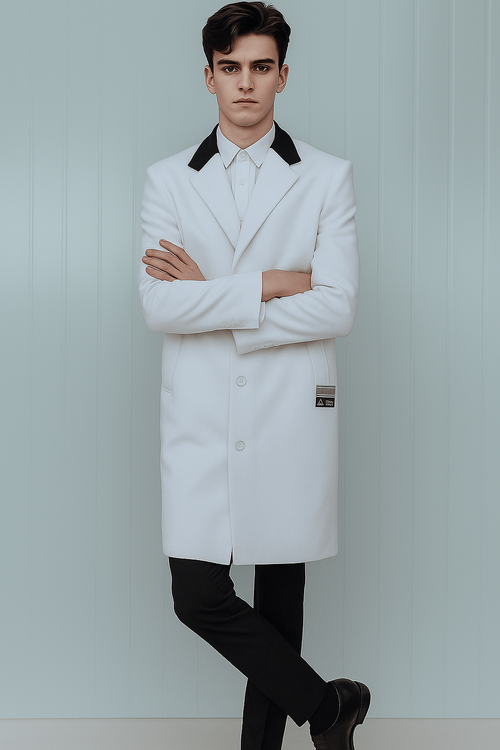 Belted White Wool And Cashmere Mens Overcoat