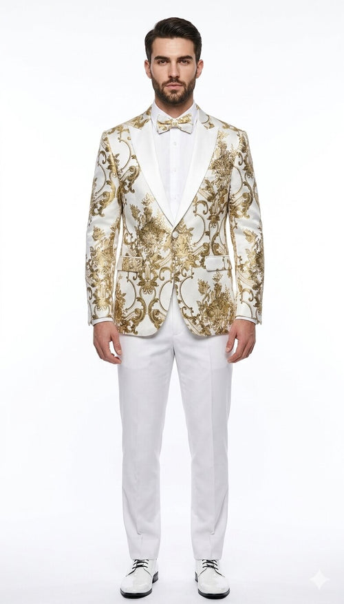 Mens White and Gold Floral Tuxedo Jacket with Satin Lapel - Luxury Prom, Wedding and Formal Dinner Blazer