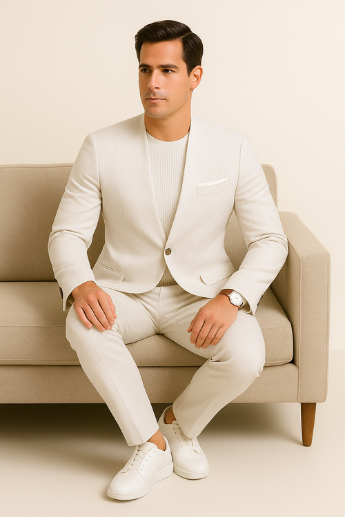 White linen suit. Collarless blazer with single button and welt pocket. Matching collarless pants. Lightweight, textured fabric. Ideal for summer. Worn with white sneakers for a contrasting style.