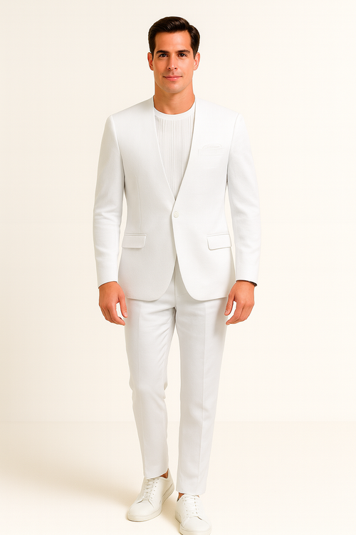 White linen suit: collarless blazer with front pockets, tailored pants. Slim fit, clean lines, textured fabric. Perfect for summer.