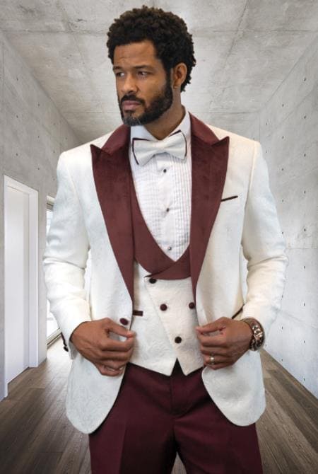 White Prom Suit Two Toned Tuxedo With Matching Tuxedo - White And Burgundy | Alberto Nardoni White Prom Suit Two Toned Tuxedo With Matching Tuxedo - White And Burgundy | Alberto Nardoni