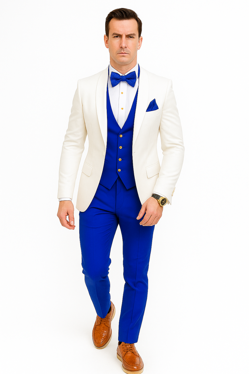 White and Royal Blue Wedding Suit – White Dinner Jacket, Vest, Pants & Bow Tie