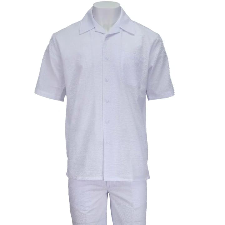 Alberto Nardoni white seersucker 2pc set. Includes short-sleeve button-up shirt with collar, two pockets, and matching shorts. Textured, puckered fabric.