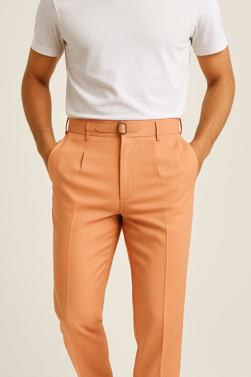 Tiglio Luxe Marbella wool dress pants: Structured fit, semi-wide leg, and creamsicle orange. Features visible front pleats and a matching belt with a square buckle.