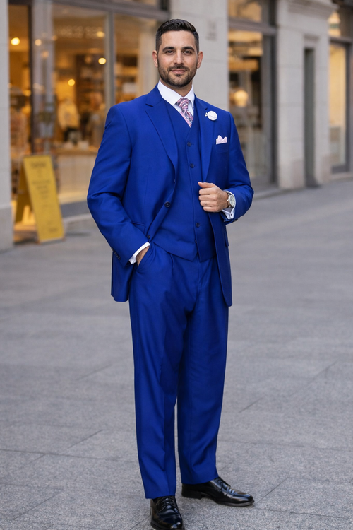 Wide Leg Pleated Pants Pants - 100% Wool Suit - Double Breasted Vest Peak Lapel - Classic Fit Suit - Vested Suit - Royal