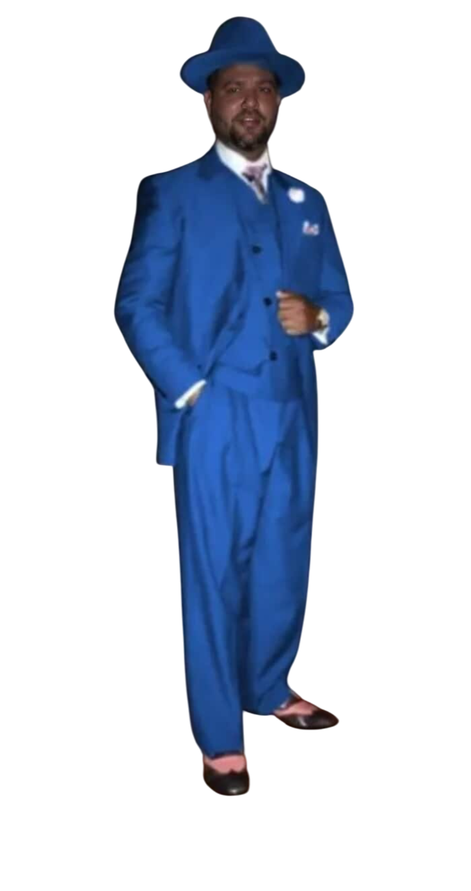 Mens One Button Wool Wide Peak Lapel Vested Pleated Pant Suit in Sapphire main image 1