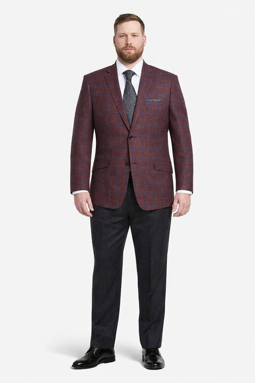 Sacos Para Hombre - Sacos Vaqueros Mens Slim Fit Two Button Wool Sport Coat Blazer in Burgundy & Blue Windowpane Plaid