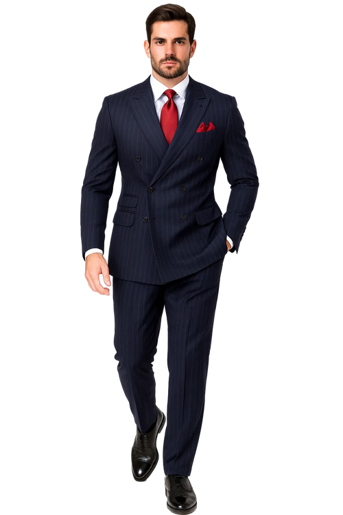 "Navy Pinstripe Wool Vested Suit - Men's Double Breasted Fashion"