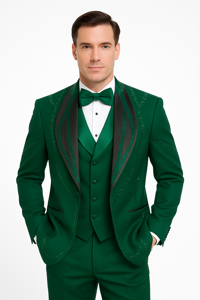 Hunter green Italian wool tuxedo. Modern fit, three-piece: single-breasted jacket with black peaked lapels, waistcoat, and straight-leg trousers.
