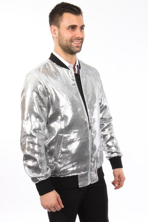 "Sequin Bomber Jacket for Men - Shiny Silver Fashion Statement"