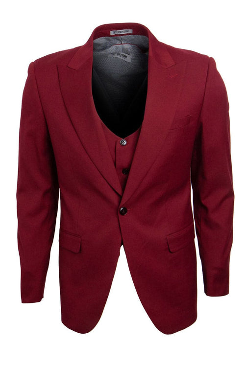 "Mens Stacy Adams Suit - Stacy Adams Suit Men's Vested Suit - Cherry Red with One Button Peak Lapel"