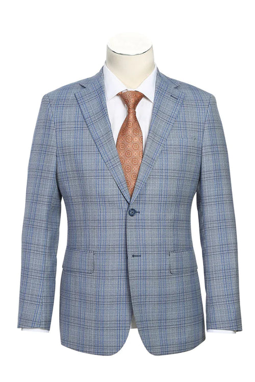 English Laundry men's slim fit suit. Light grey-blue wool blend with windowpane plaid. Two-button, notch lapel, single-breasted. Tailored silhouette, two front pockets, and chest pocket.