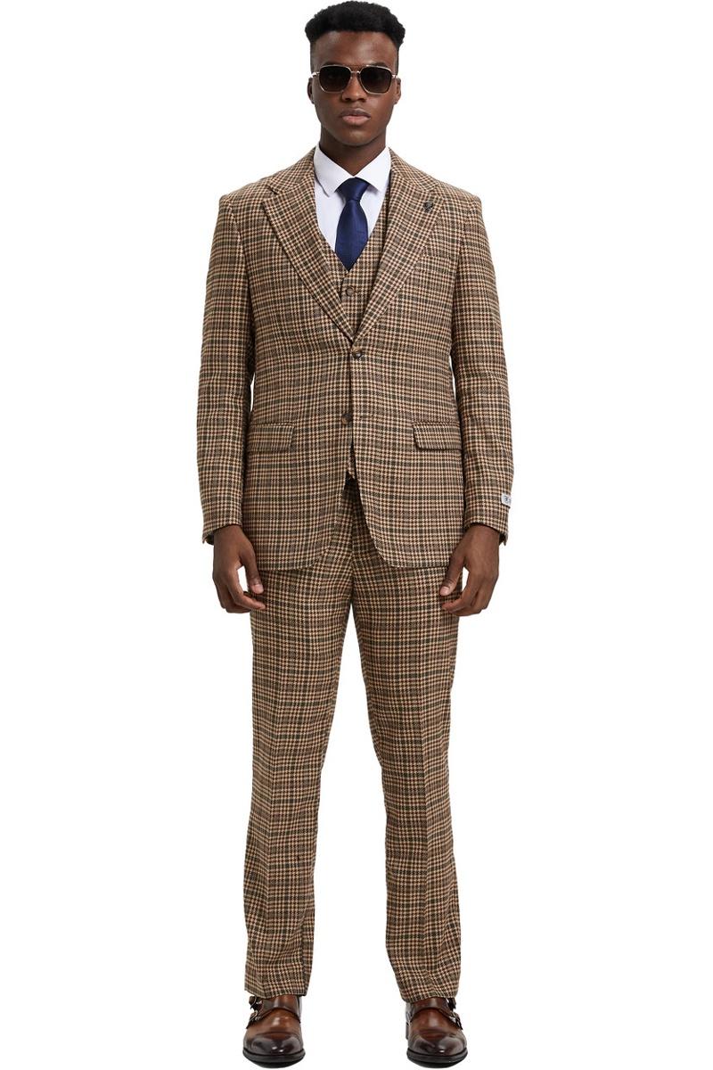 Stacy Adams men's modern fit houndstooth suit in camel green. Blazer with notched lapel, matching trousers, and vest. Houndstooth pattern in camel/green. Tailored for a modern fit and cohesive look.