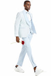"Sky Blue Men's Wedding & Prom 2025 Tuxedo - One Button Vested Honeycomb Lace Design"