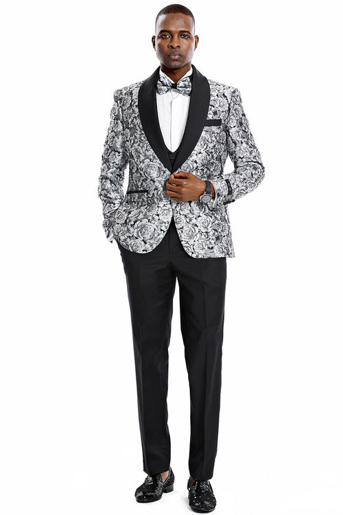 "Silver Men's Slim Fit Paisley Floral Prom 2025 Tuxedo - One Button Vested"