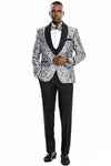 "Silver Men's Slim Fit Paisley Floral Prom 2025 Tuxedo - One Button Vested"