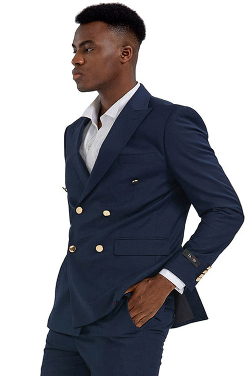 "Navy Men's Slim Fit Double Breasted Wedding Suit with Gold Buttons"