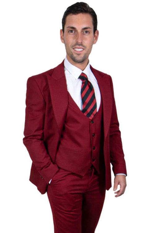 Mens Stacy Adams Suit - Stacy Adams Suit Men's Vested Suit - Cherry Red with One Button Peak Lapel