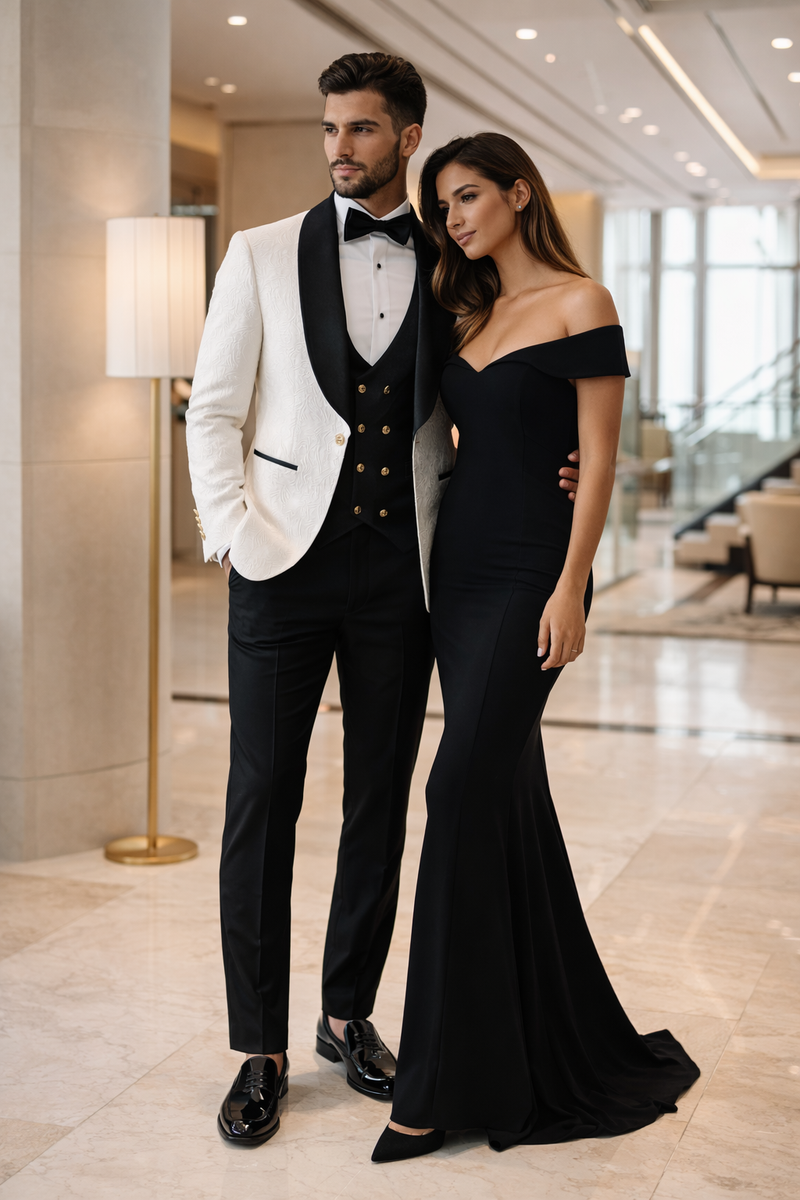 York Slim Fit Tuxedo Suit ( White & Black )