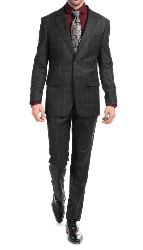 Yves Black Plaid Check Men'S Premium 2PC Premium Wool Slim Fit Suit