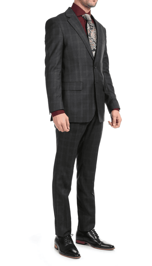 Yves Black Plaid Check Men'S Premium 2PC Premium Wool Slim Fit Suit