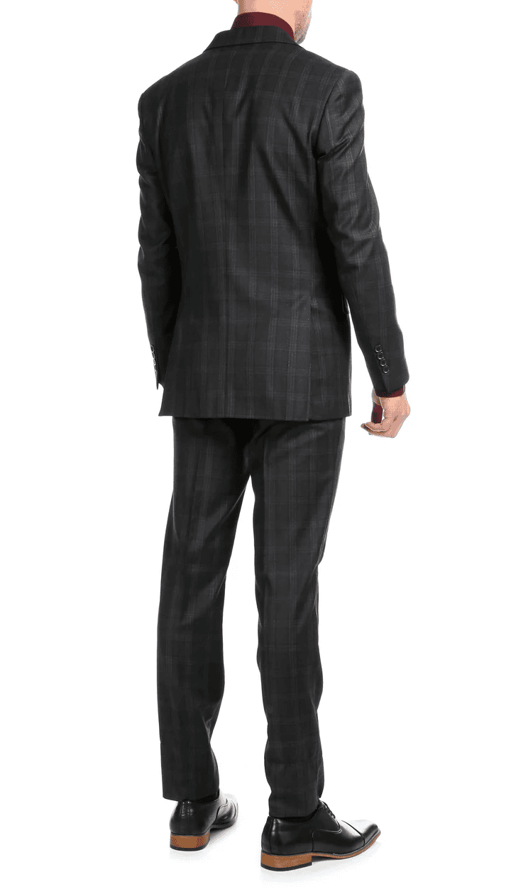 Yves Black Plaid Check Men'S Premium 2PC Premium Wool Slim Fit Suit