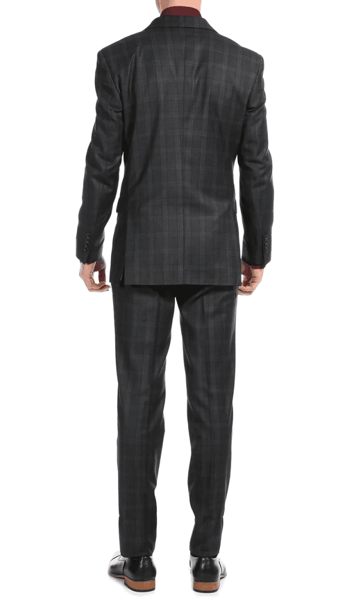Yves Black Plaid Check Men'S Premium 2PC Premium Wool Slim Fit Suit