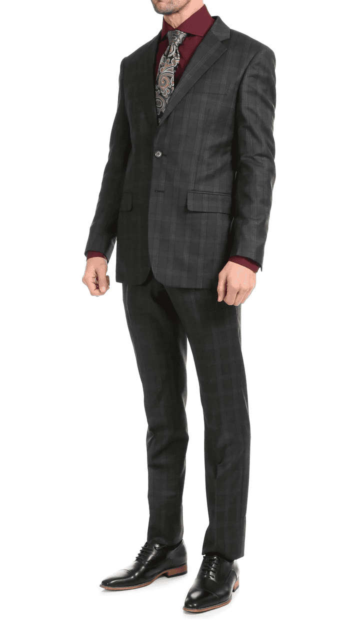 Yves Black Plaid Check Men'S Premium 2PC Premium Wool Slim Fit Suit