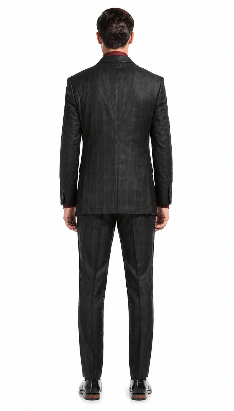 Yves Black Plaid Check Men'S Premium 2PC Premium Wool Slim Fit Suit