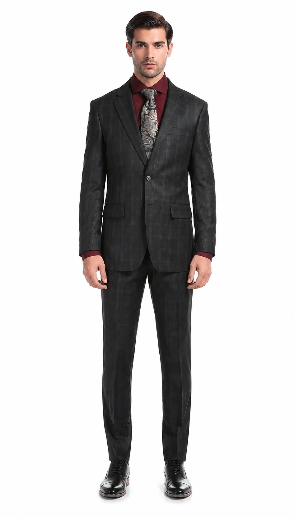 Yves Black Plaid Check Men'S Premium 2PC Premium Wool Slim Fit Suit