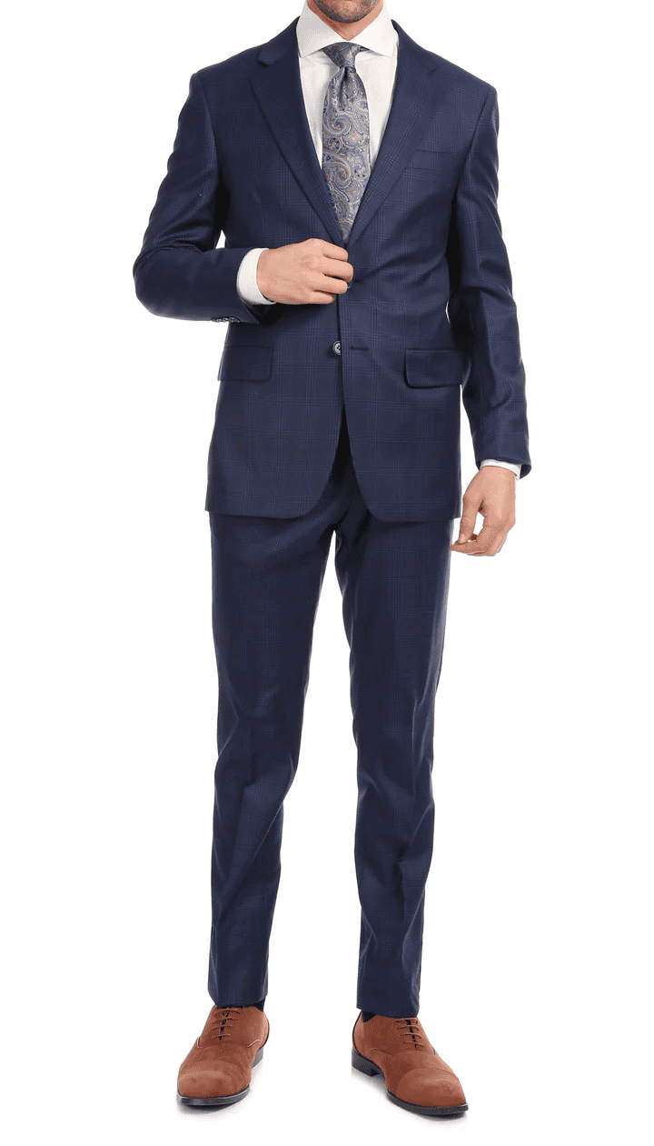 Yves Blue Plaid Check Men'S Premium 2PC Premium Wool Slim Fit Suit