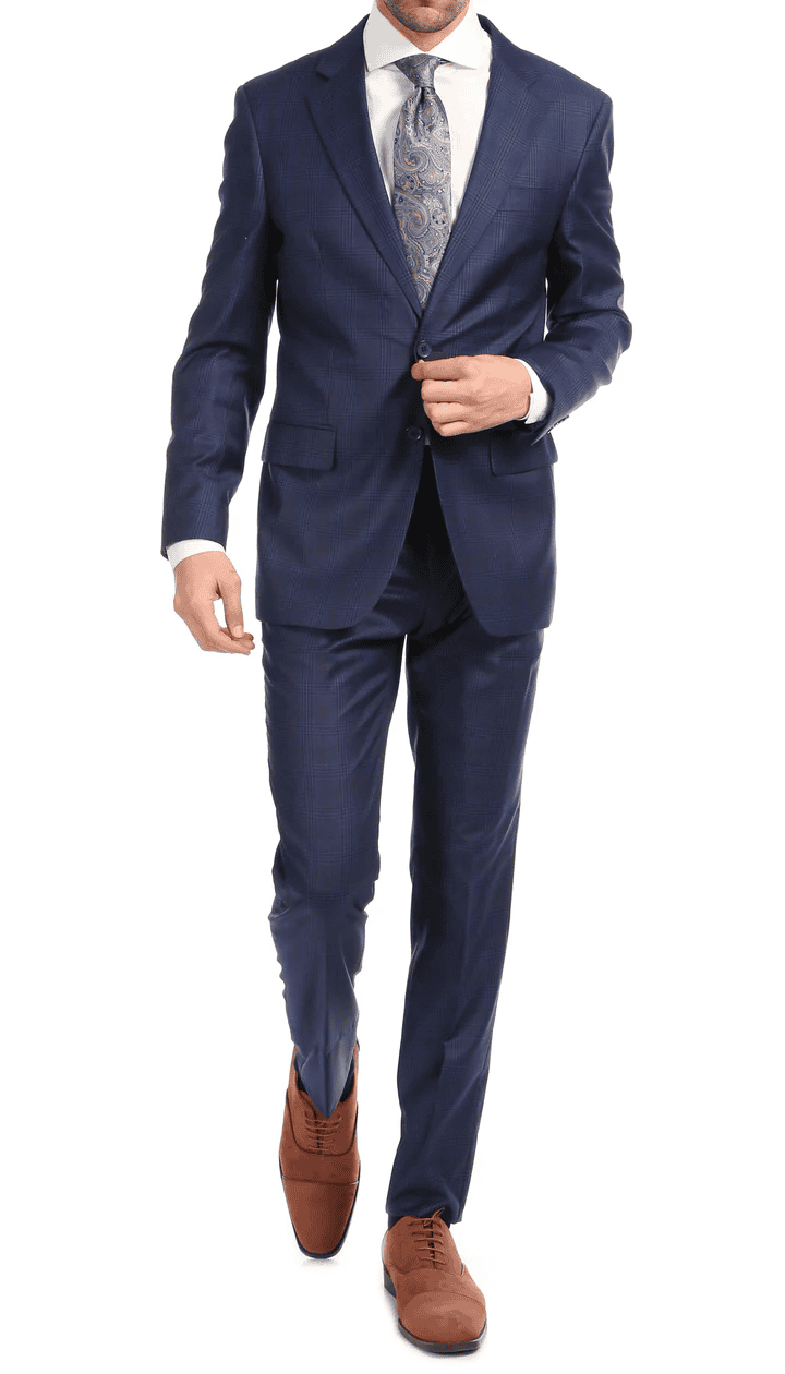 Yves Blue Plaid Check Men'S Premium 2PC Premium Wool Slim Fit Suit
