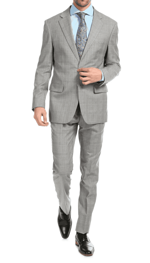 Yves Light Grey Plaid Check Men'S Premium 2PC Premium Wool Slim Fit Suit