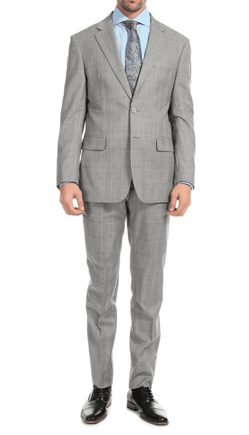 Yves Light Grey Plaid Check Men'S Premium 2PC Premium Wool Slim Fit Suit