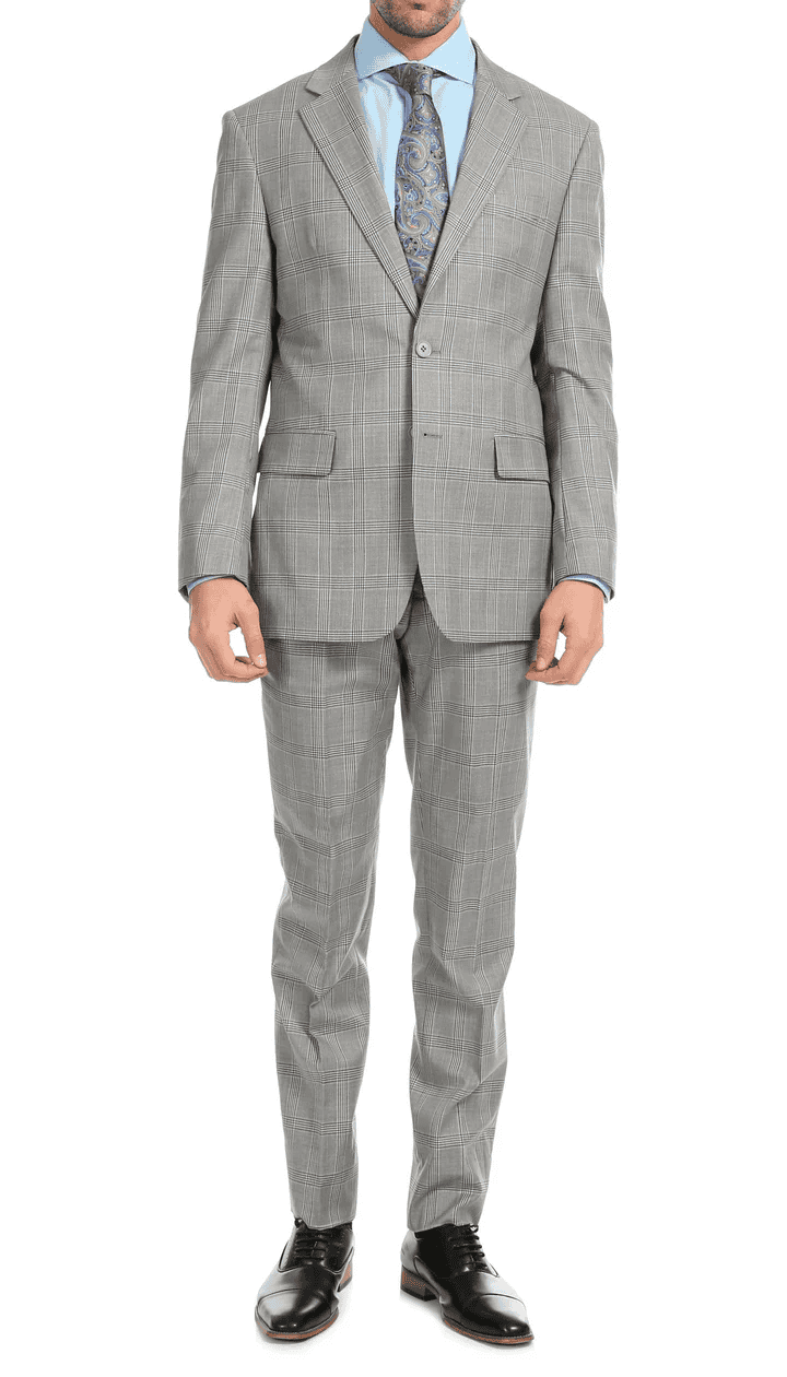 Yves Light Grey Plaid Check Men'S Premium 2PC Premium Wool Slim Fit Suit